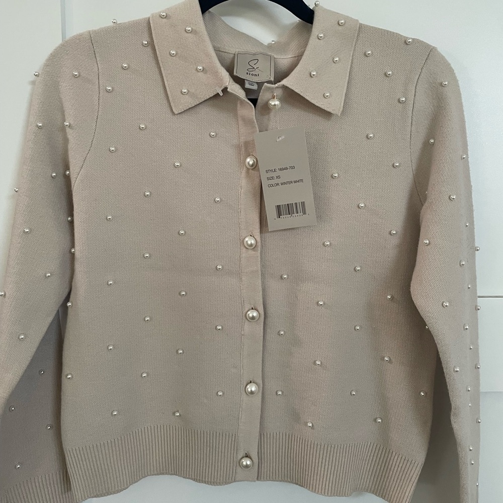 Sioni Pearl-Studded Cream Cardigan